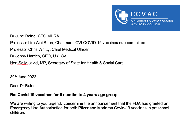 Letter to UK health authorities, re: 6 month to 4 years Covid vaccines